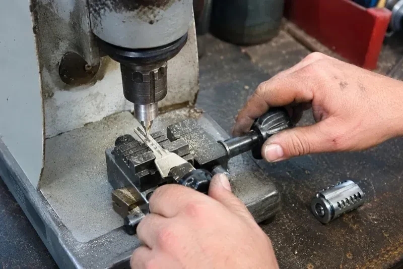 Hands operating a bench-mounted machine with a key clamped beneath a vertical cutter and a loose lock cylinder nearby. — Car Key Replacement, Brantford