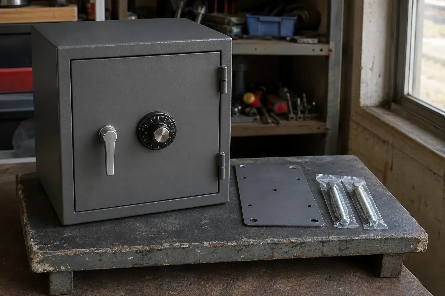 Closed small safe beside a metal plate and packaged fasteners on a workshop bench. — Safe Installation & Servicing, Brantford