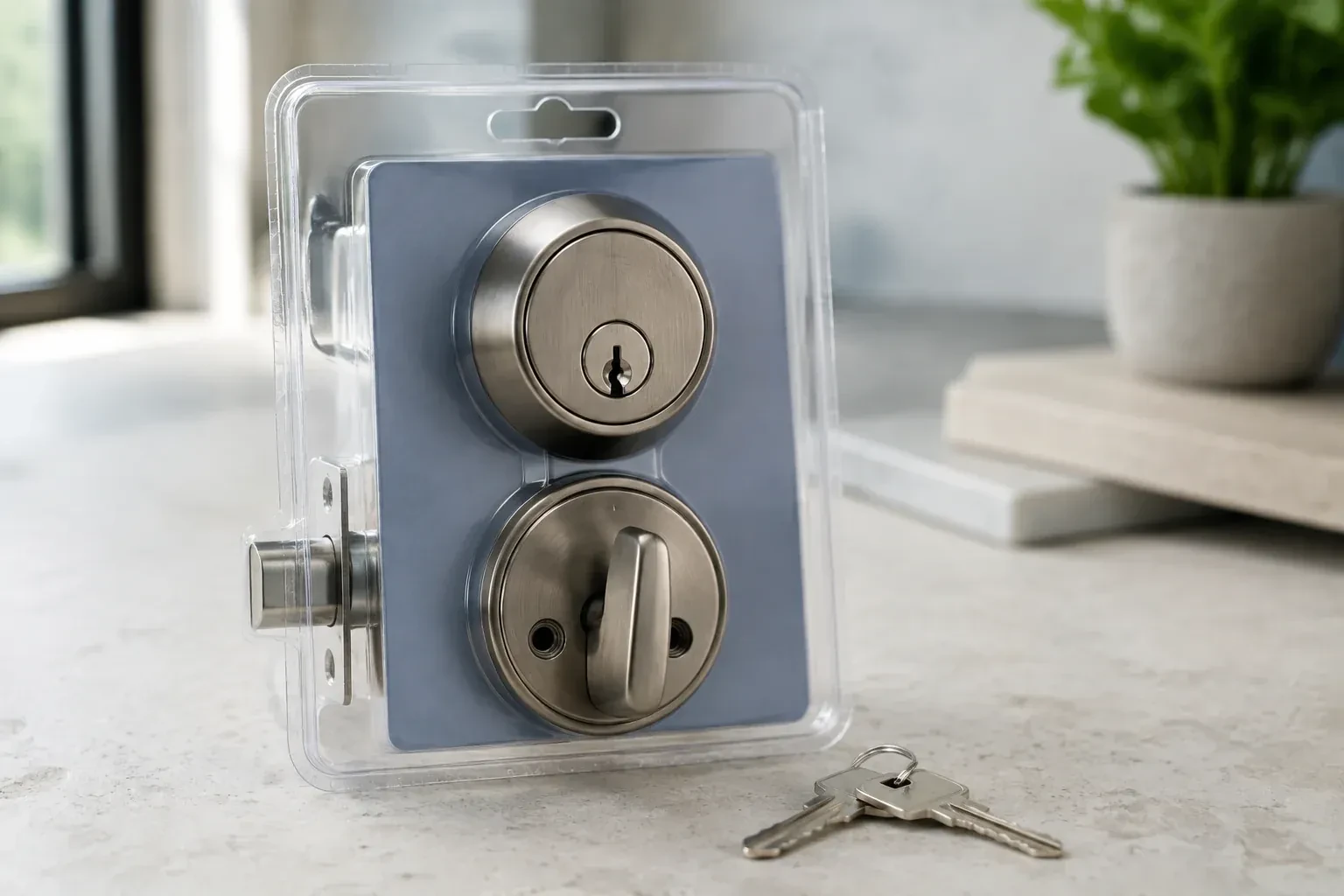 A silver-colored deadbolt set in clear packaging with two keys resting on the countertop in front. — Lock Rekeying, Brantford