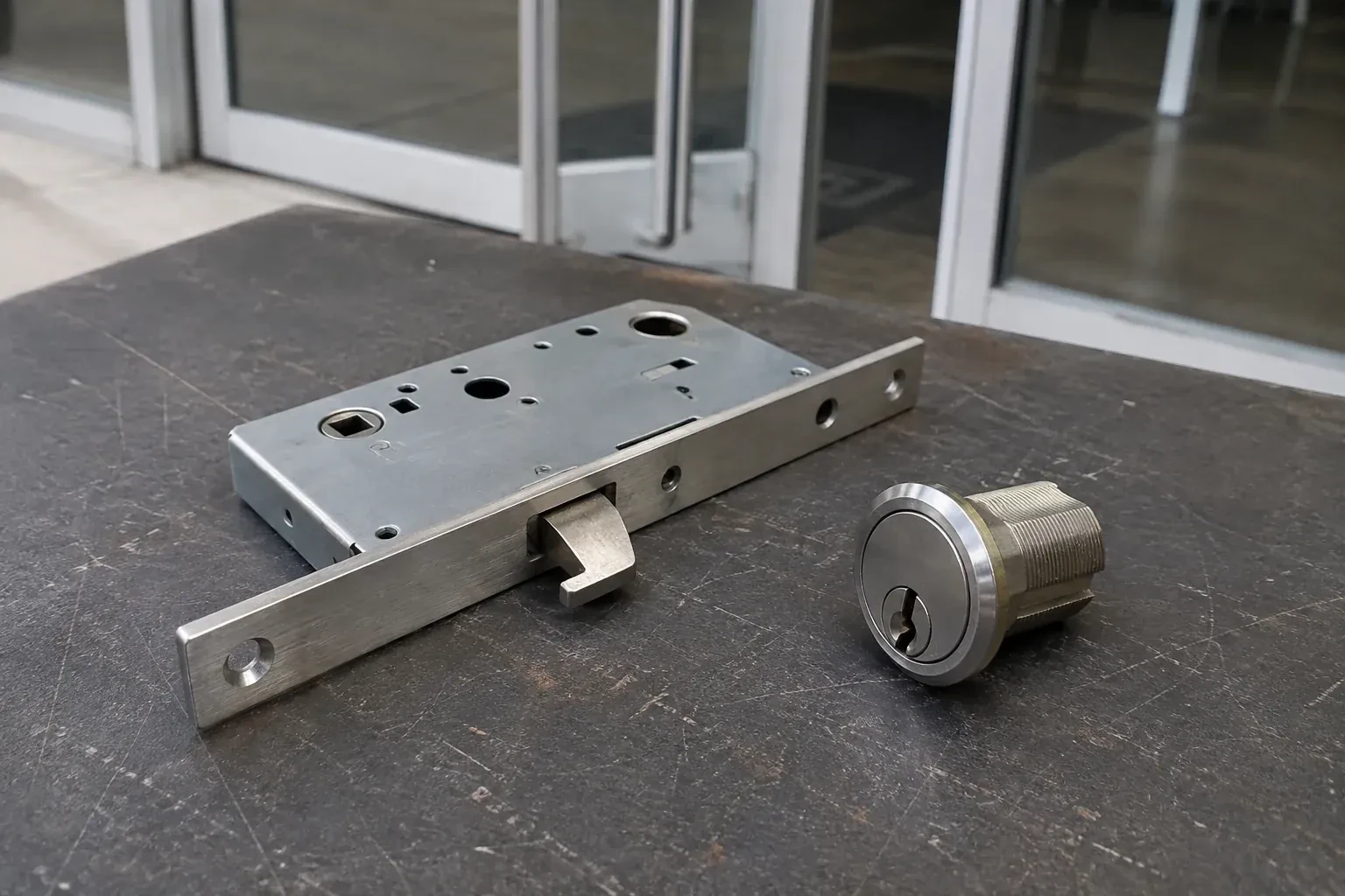 Detached mortise lock body with a projecting hook-shaped bolt beside a threaded cylinder. — Commercial-Grade Lock Replacement, Brantford