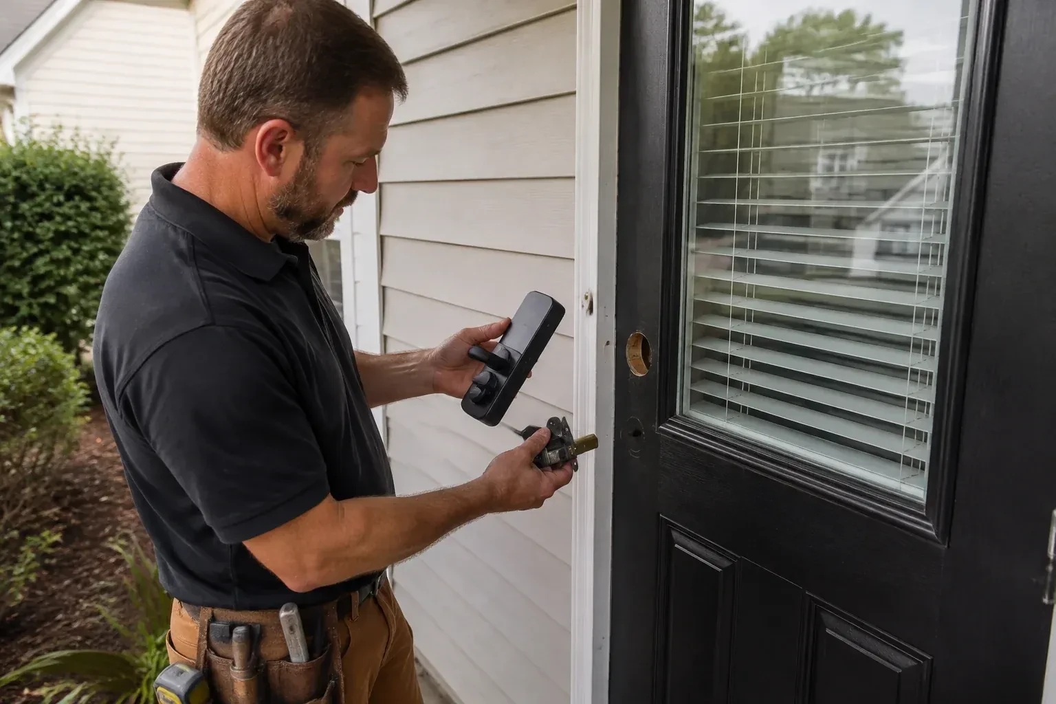 Person holding a black door-handle assembly and a latch beside a glazed door with exposed lock openings. — Smart Lock Installation, Brantford