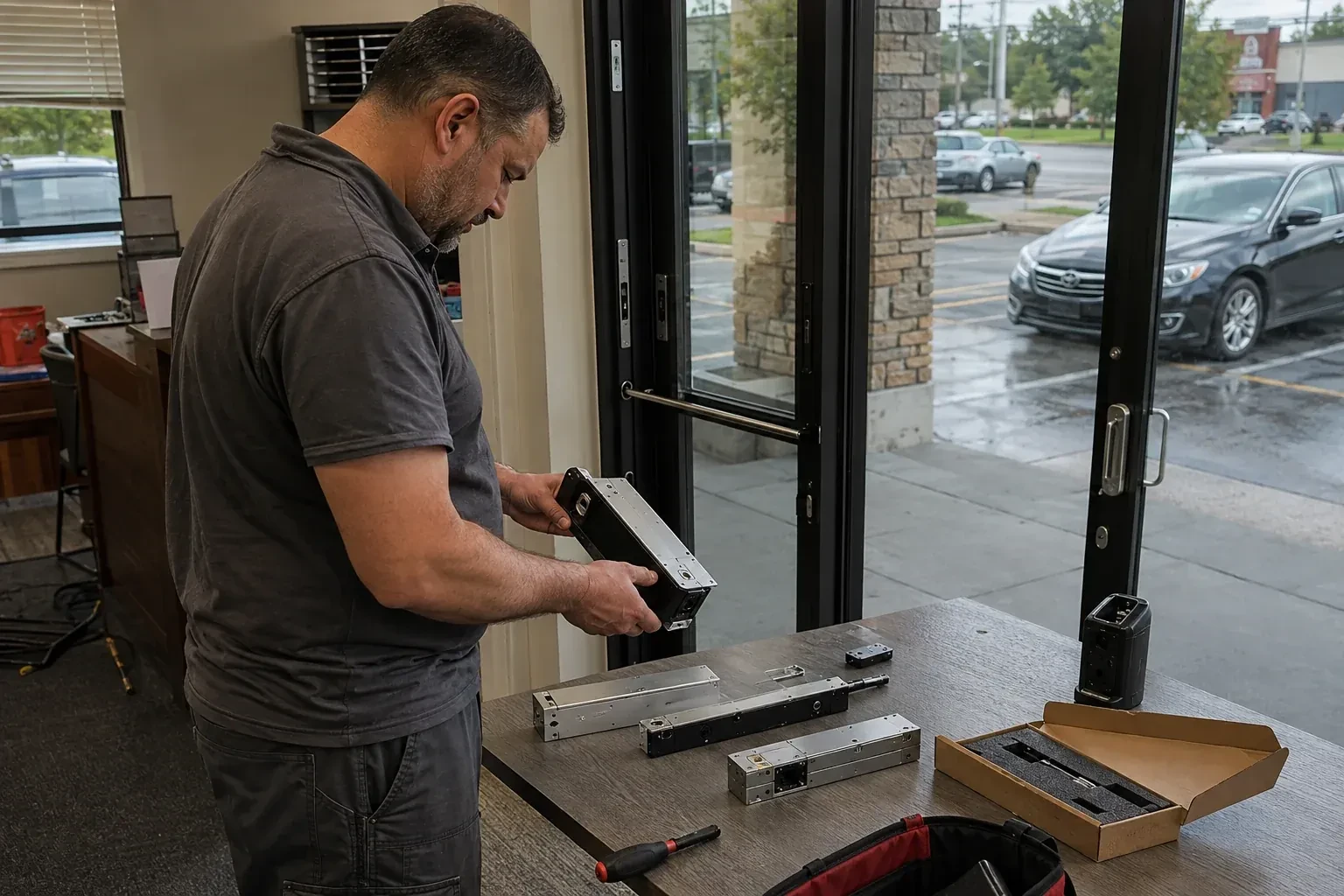 Person holding a rectangular door-hardware housing at a table with additional metal assemblies beside a glass entrance. — Access Control Installation, Brantford