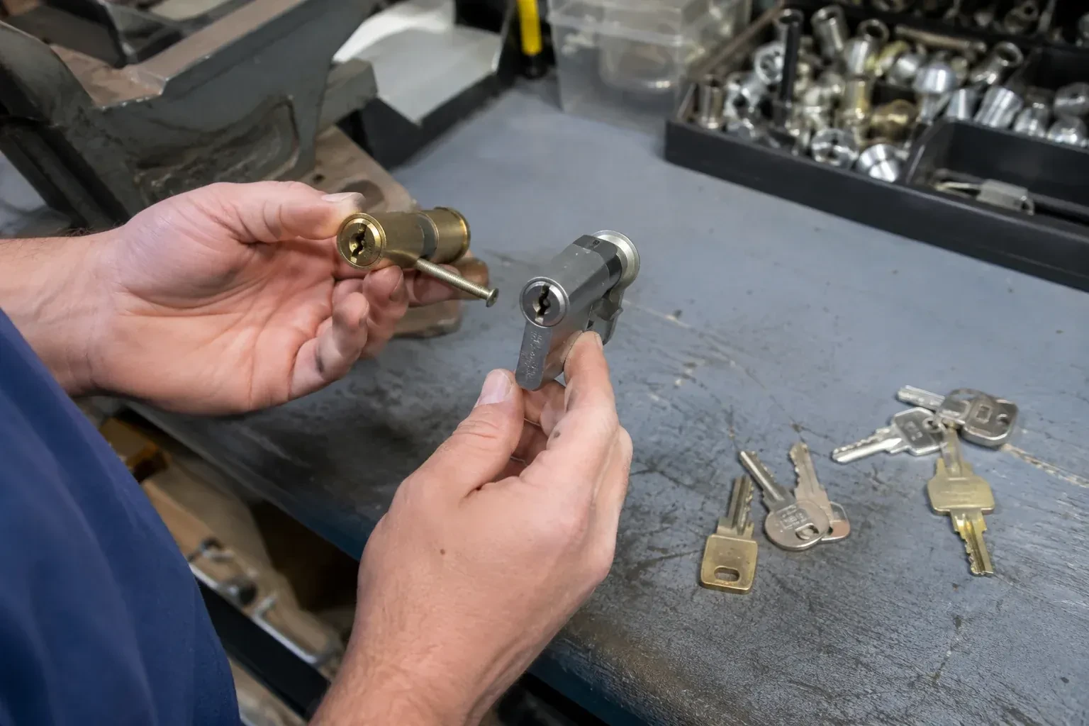 Hands comparing detached lock cylinders beside loose keys on a workbench. — Broken Key Extraction, Brantford