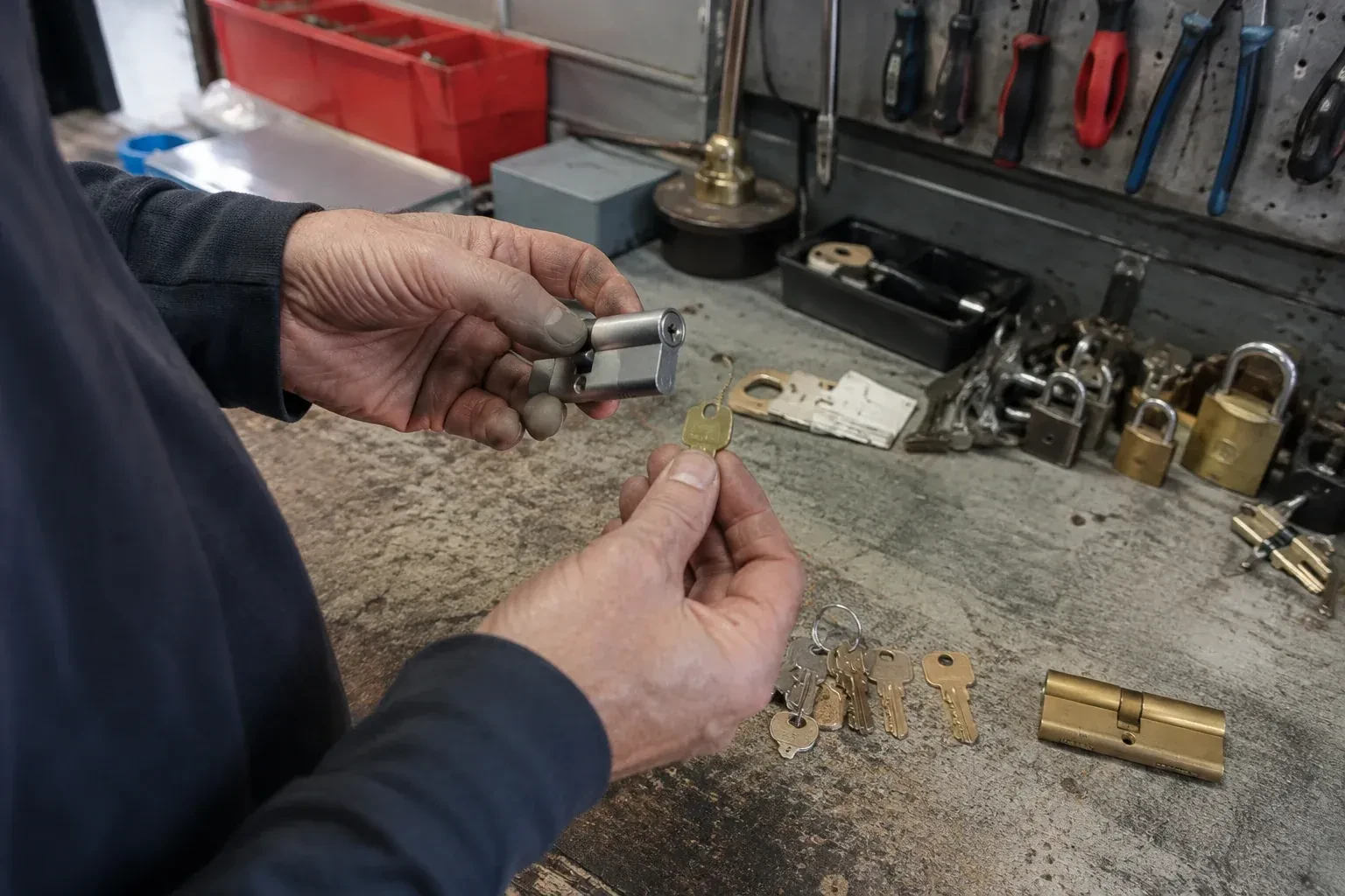 Hands holding a silver-colored lock cylinder and a brass-colored key above a workbench with padlocks, keys and tools. — Master Key System Design, Brantford