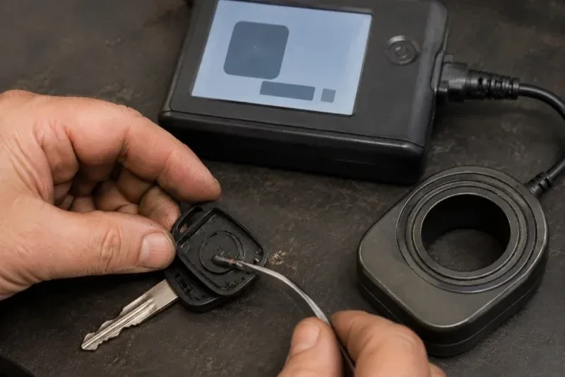 Hands using tweezers at an opened car-key head beside a small electronic unit and a ring-shaped accessory. — Transponder Key Programming, Brantford