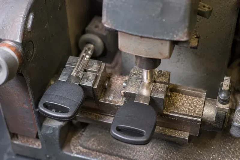 Two black-headed keys clamped in a bench machine, one beneath a vertical cutter, with metal shavings around the clamps. — Spare Car Key Duplication, Brantford