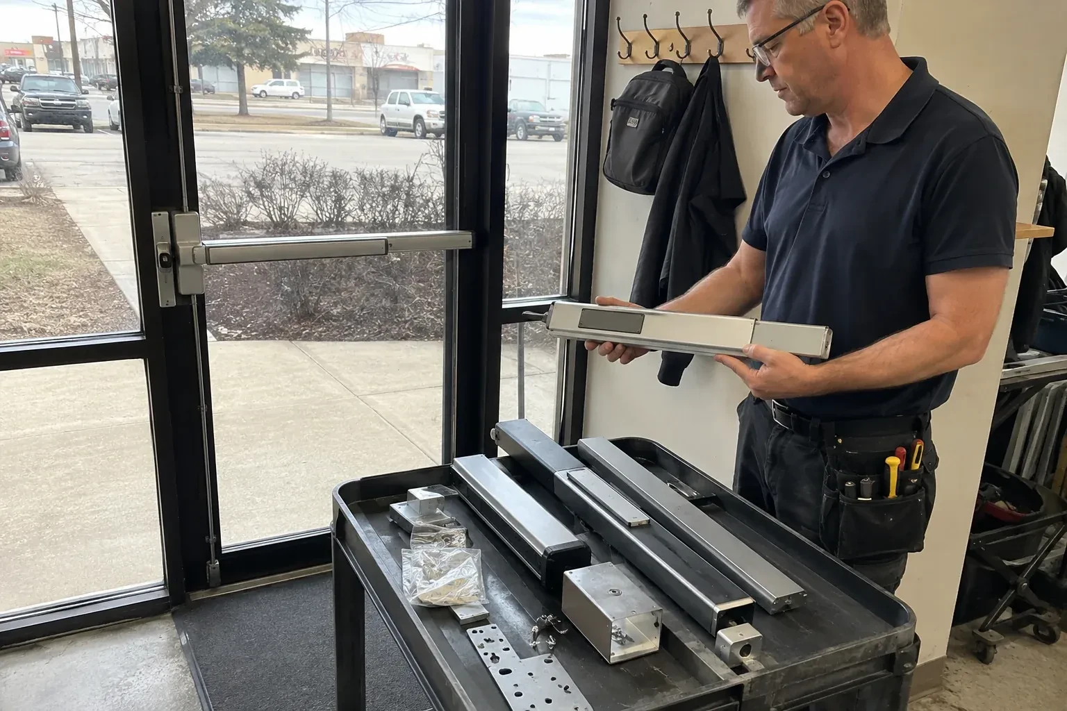 Person holding a long metal door-hardware assembly beside a cart of similar parts and a glass door fitted with a push bar. — Panic & Exit Hardware, Brantford