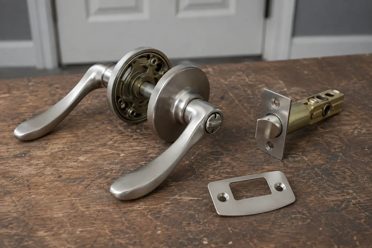 Detached satin-nickel lever hardware, tubular latch and strike plate on a wooden workbench. — Lock Replacement & Upgrade, Brantford
