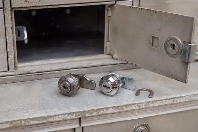 Two loose cam locks and a retaining clip resting below an open metal mailbox compartment. — Mailbox Lock Replacement, Brantford