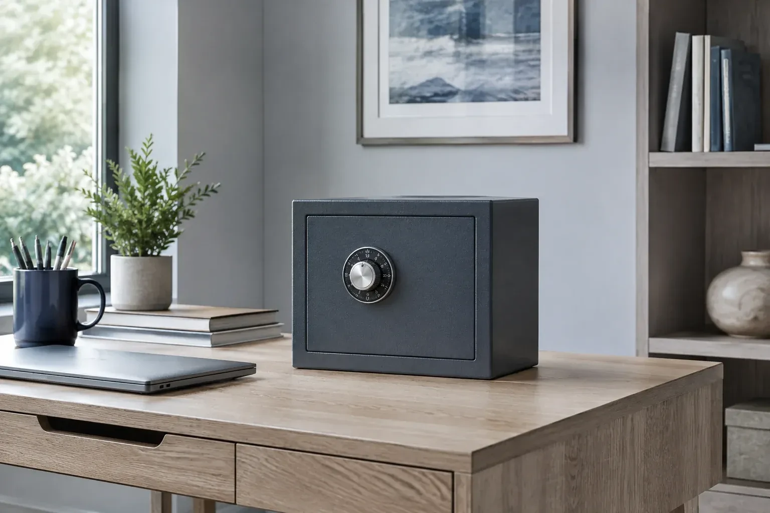 Small dark safe with a combination dial on a wooden desk beside a closed laptop and books. — Safe Opening & Combination Change, Brantford