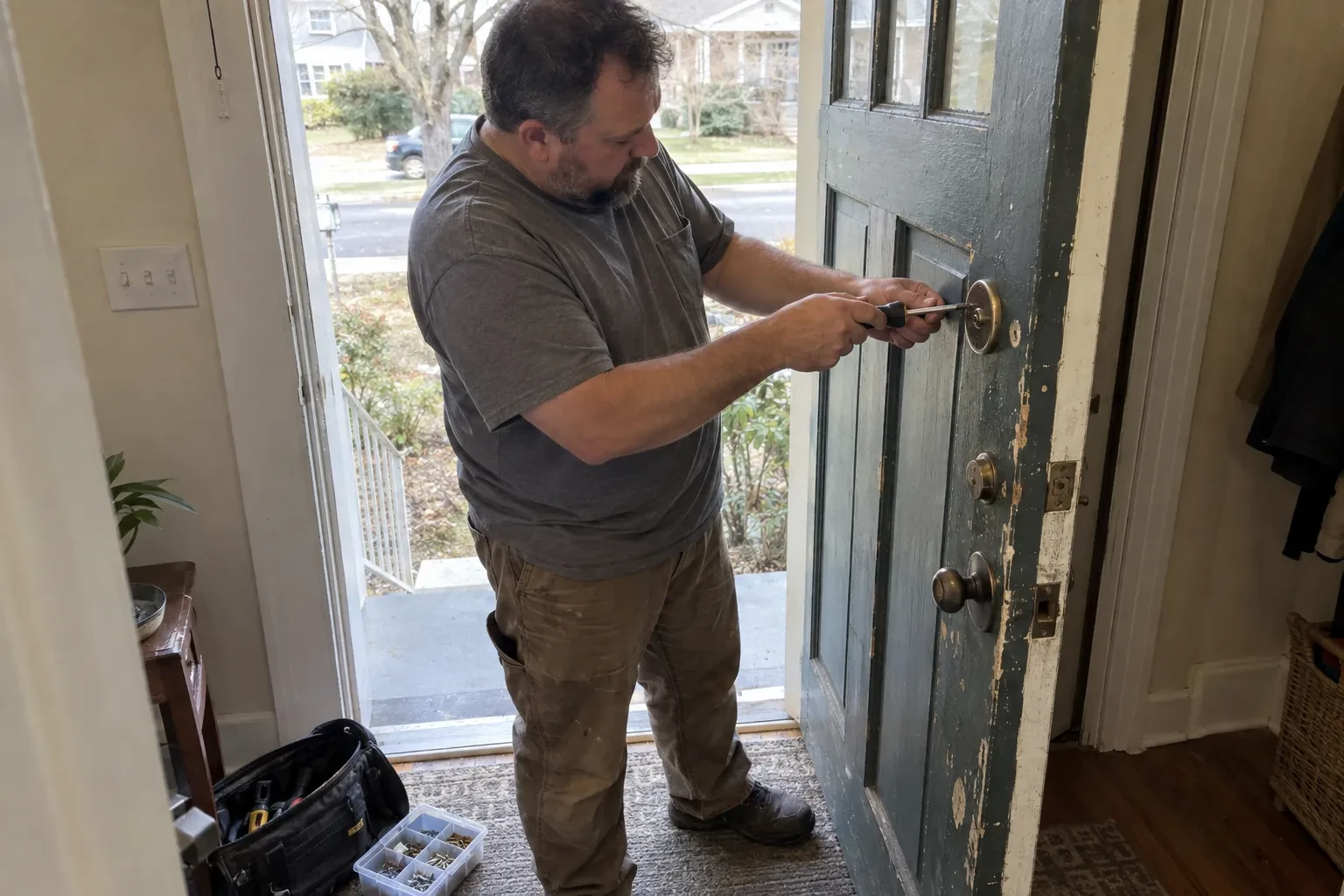 Technician using a screwdriver on the deadbolt of an open blue-gray front door, with a tool bag and screw tray nearby. — Deadbolt Installation, Brantford