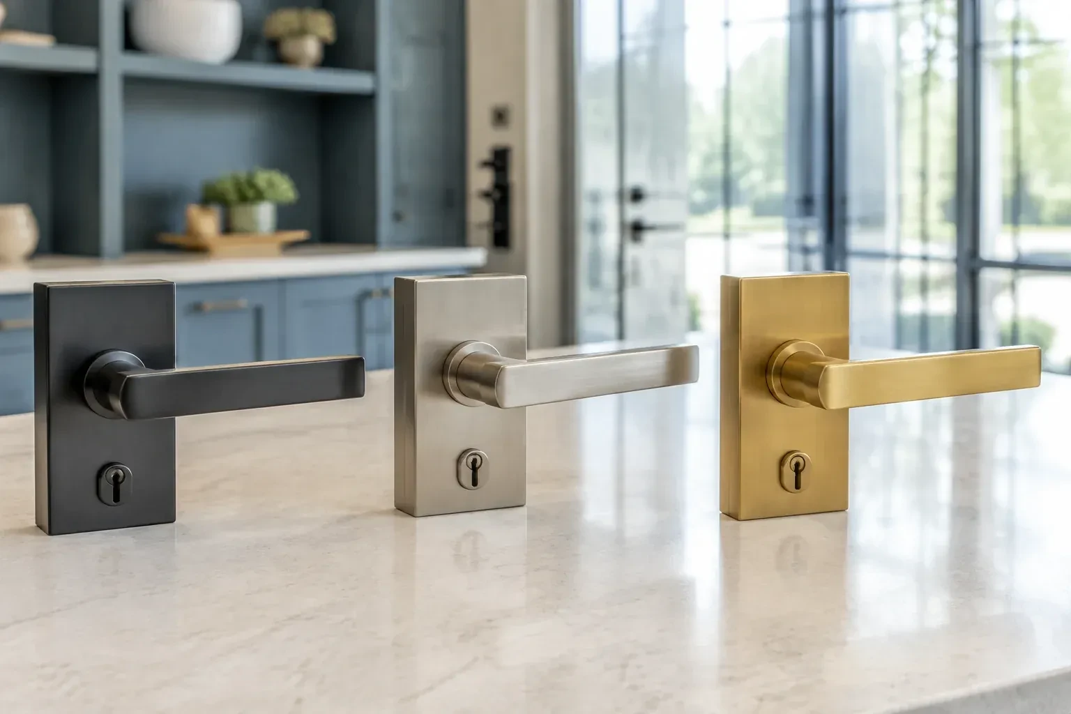 Three rectangular door-handle sets with keyholes in black, silver-colored and gold-colored finishes standing on a countertop. — Commercial Rekeying, Brantford