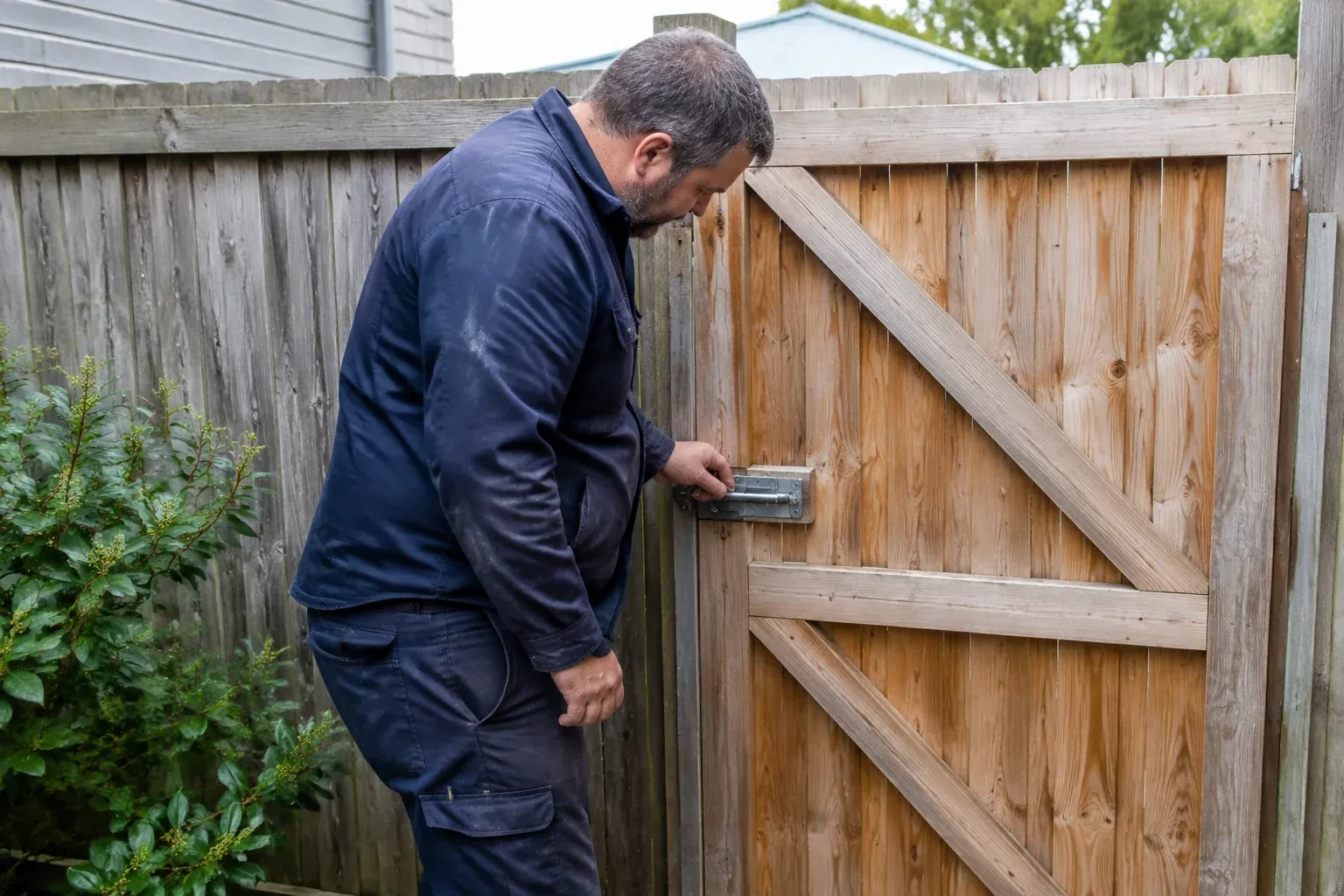 Person touching the sliding metal bolt on a wooden garden gate. — Gate & Building Entry Locks, Brantford