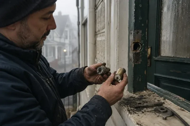 Person holding two lock cylinders beside an open painted door, with loose hardware and debris on the sill. — Seized & Jammed Lock Opening, Brantford