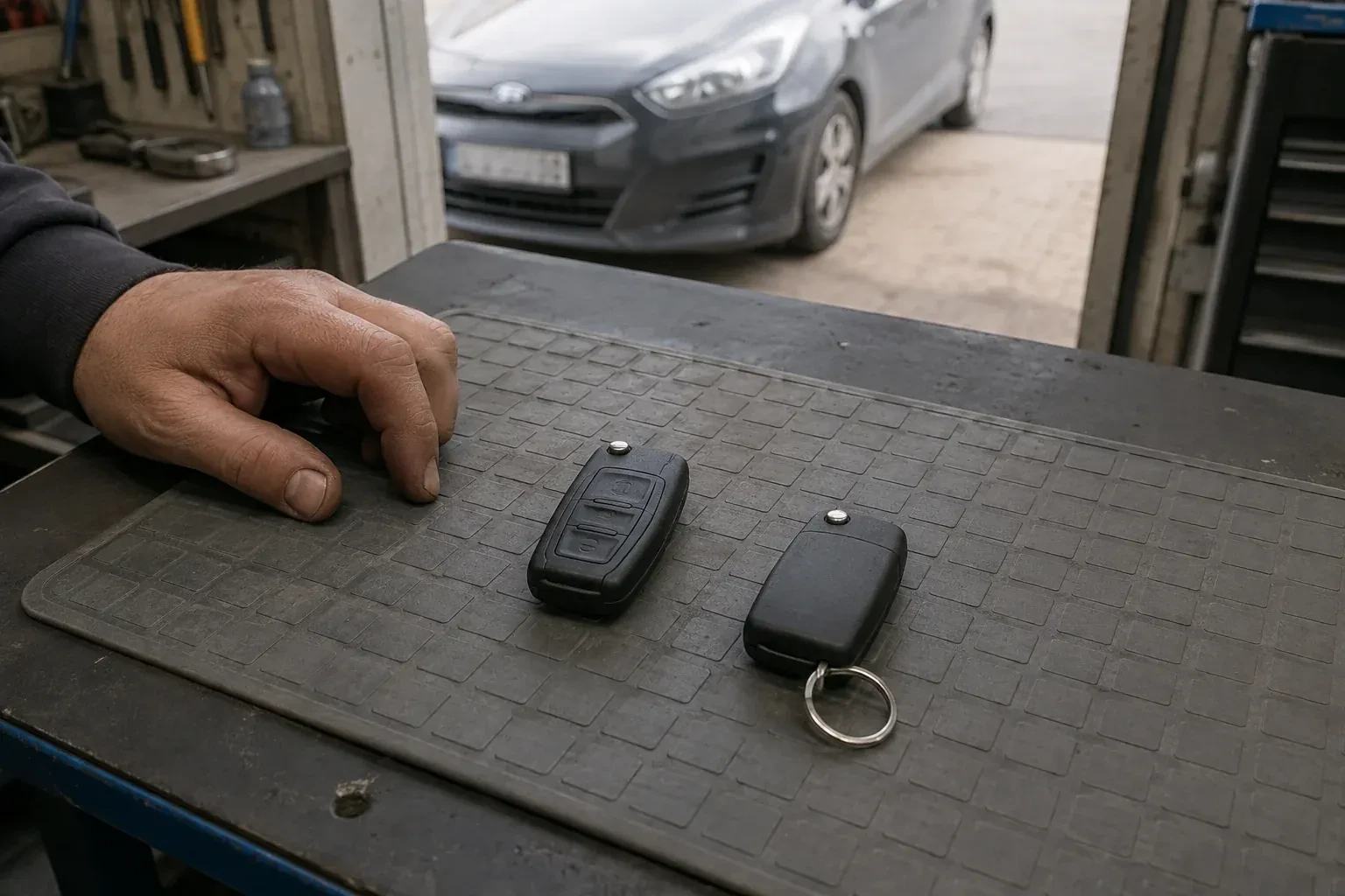 Two vehicle remote fobs on a work mat beside a technician’s hand, with a parked car beyond. — Key Fob Programming, Brantford