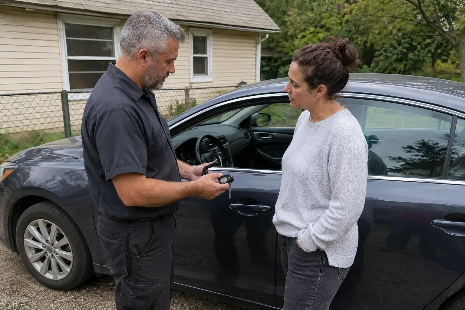 Two people standing beside a car with its window lowered, one holding a key and black key fob. — Ignition Lock Repair, Brantford